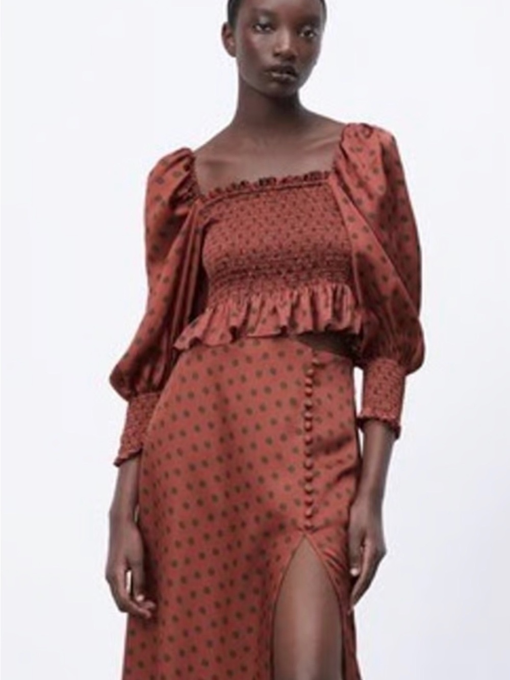 Rust Polka Dot Puff Sleeve Crop Top
